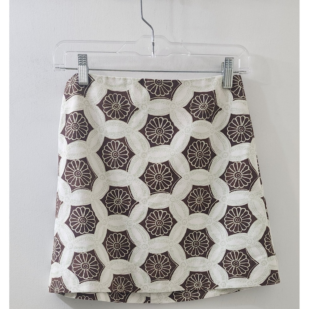 Julia Amory Brown Cream Geometric Floral Block Print Cotton Mini Skirt XS New